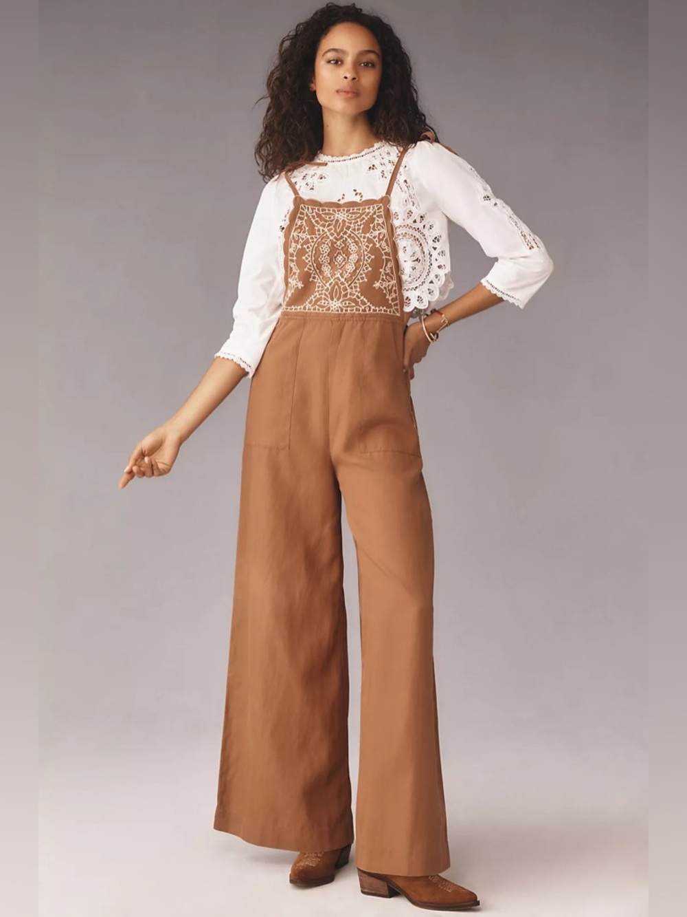 By Anthropologie Embroidered Linen Overalls